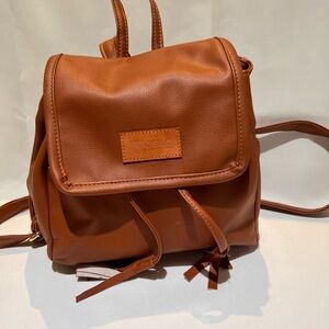 Brown draw string closure with snap flap.  Size is 10 1/2 x 11